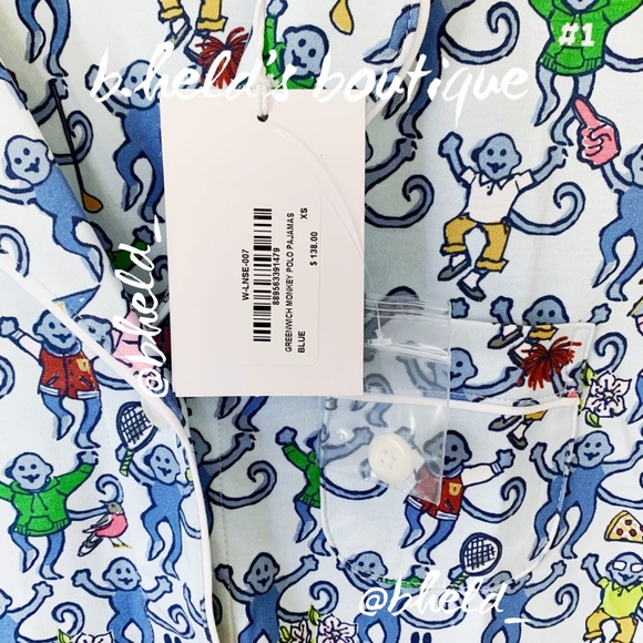 Roller Rabbit Greenwich Monkey Polo Pajamas in Blue Monkey Size XS Brand New NWT - Picture 5 of 16